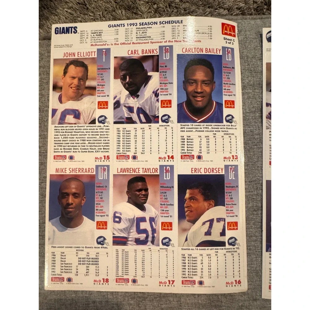 1993 McDonald's New York‎ Giants Gameday Cards Complete Uncut 3 Sheet Set